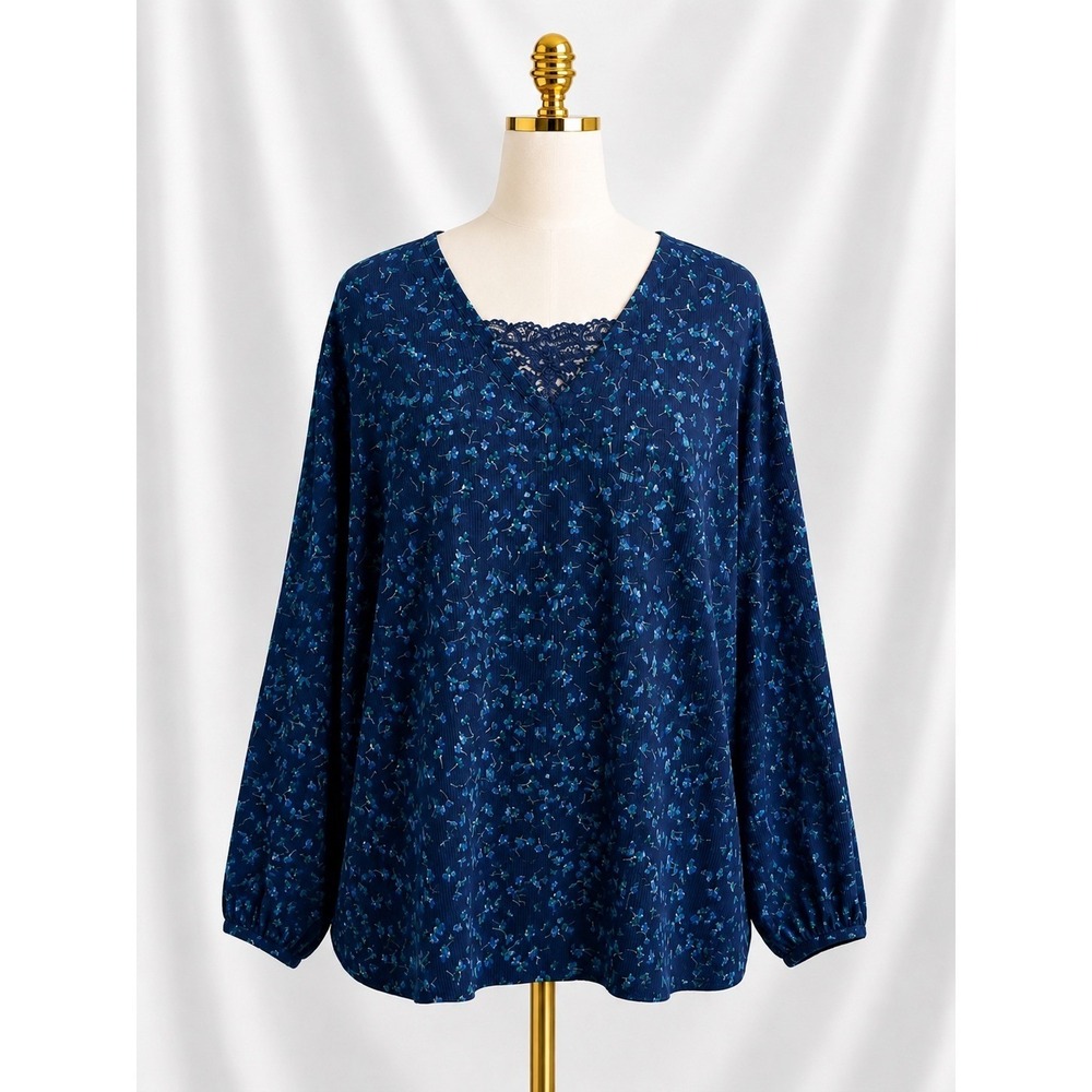 Isaac Mizrahi Live Woven Crepe Blouse Pleat‎ Detail Navy Blue Floral Lace 28W